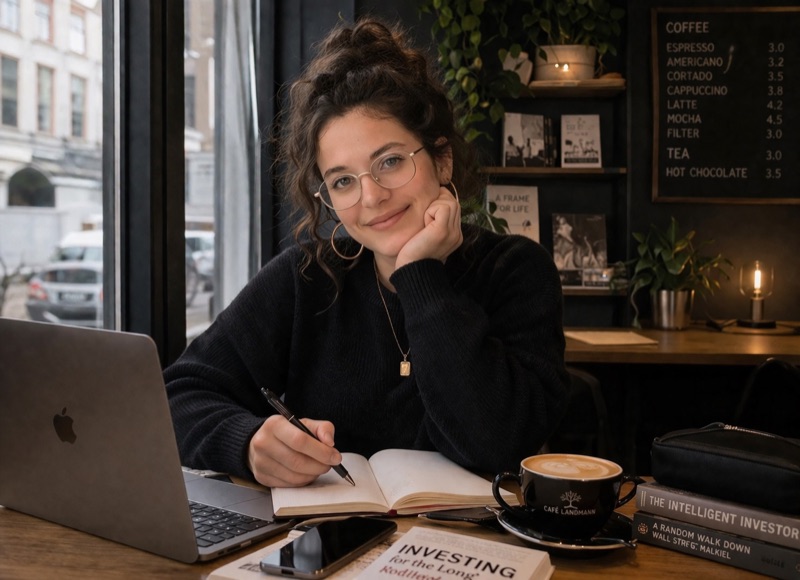 Mila West working at a café with laptop and investing books